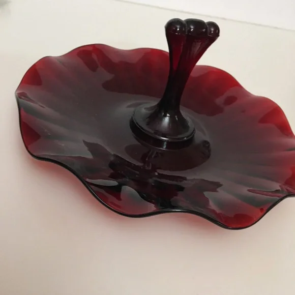 Vintage art Deco Cranberry Glass Candy Dish Wavy Edging with Handle Trinket Tray - Picture 11 of 11